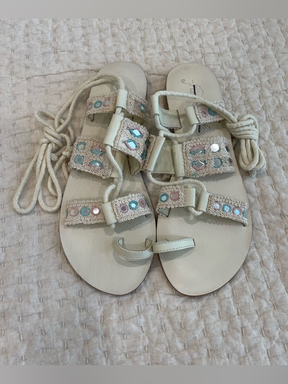 Free People Cream Beaded Lace-Up Sandals with Pastel Accents